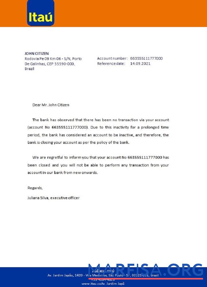 Downloadable Brazil Itau closure reference sample